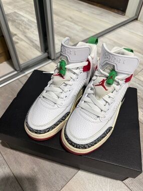 Jordan Kids White Sneakers with Red & Green Accents